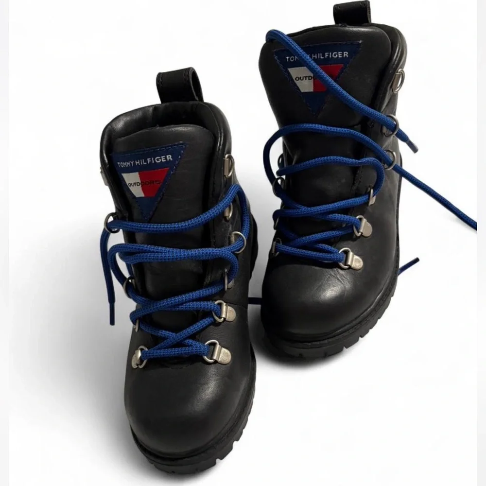 RARE Tommy Hilfiger Black Real Leather Chunky Boots with Blue Laces